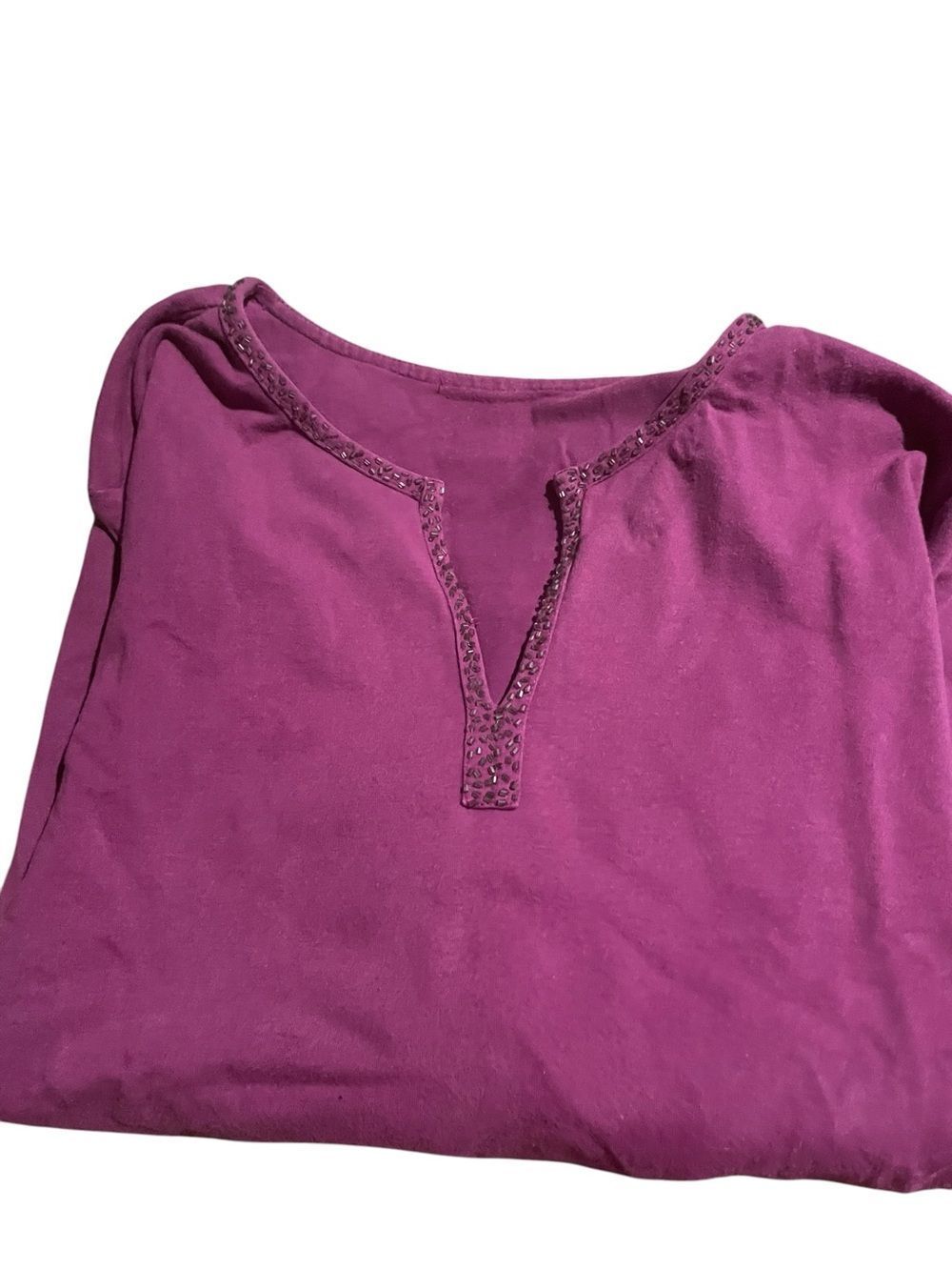 Kim Rogers Women’s Beaded Split-Neck Top in Berry size large